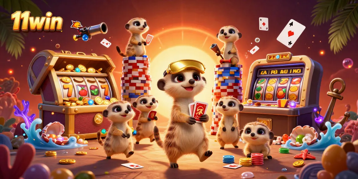 Experience thrilling moments at 11win with meerkats in a vivid casino scene.