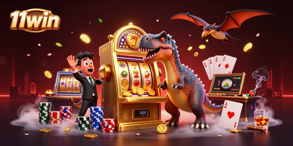 Experience the thrill of 11win as animated dinosaurs join in jackpot celebrations at a vibrant casino scene.