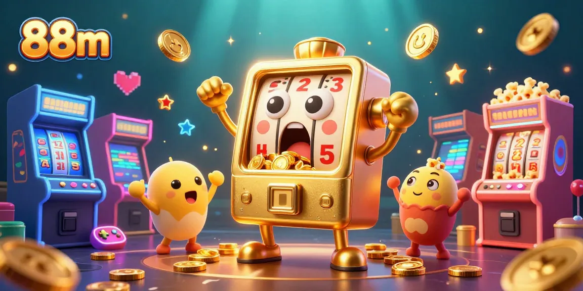 Engage with 88m's exciting virtual slot experience as golden coins flow from a jubilant slot machine.