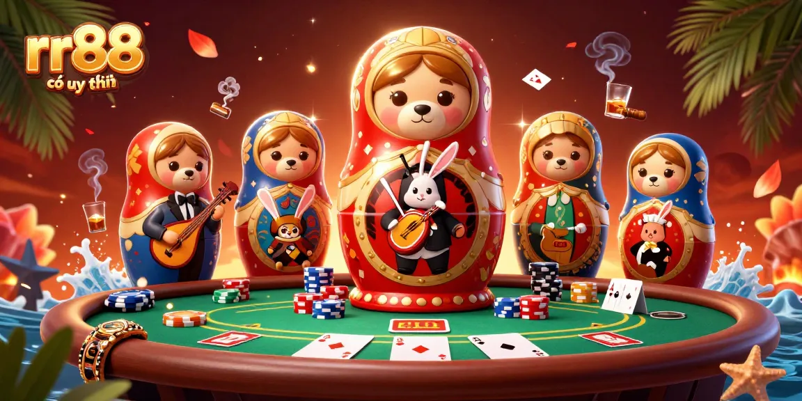 Engage with rr88 có uy tín as a 3D Matryoshka bear reveals casino dealer bears amidst vibrant playing elements.