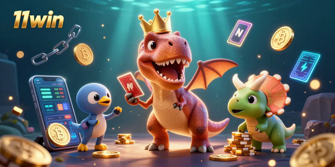 Engage with 11win's animated T-Rex and friends, exploring dynamic crypto casino fun.