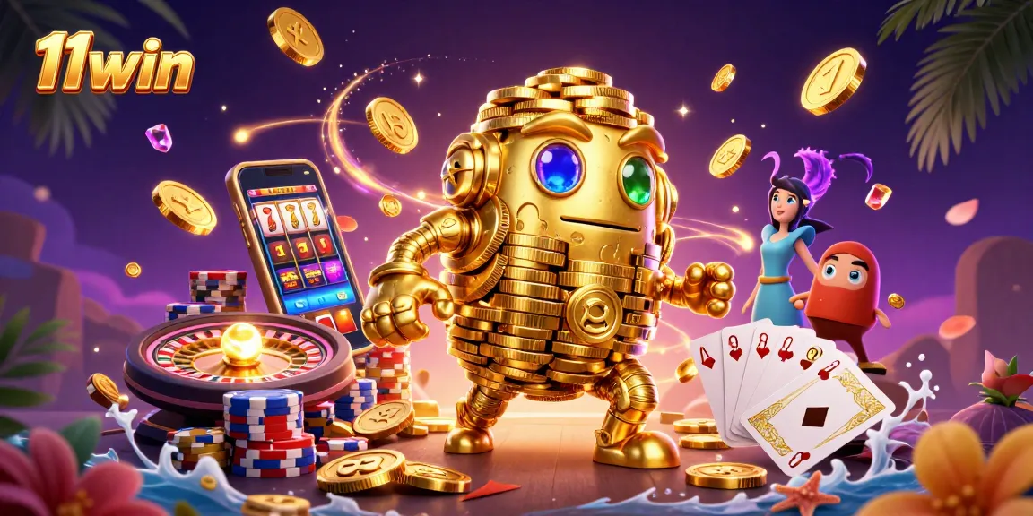 Win exciting prizes with 11win, featuring a dazzling casino scene full of vibrant elements.