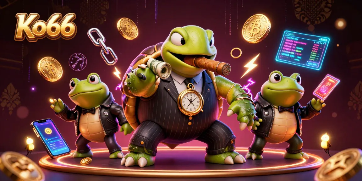 Win at Ko66 with a vivid portrayal of a turtles and bullfrogs in a neon-lit casino.