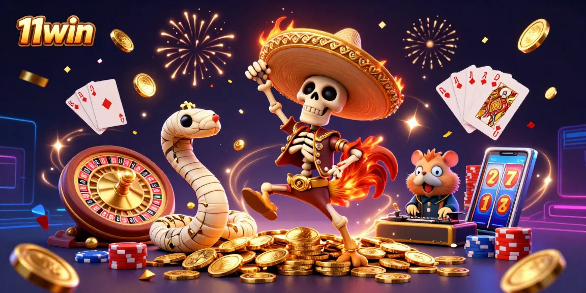 Win big with 11win – celebrate with a vibrant scene of casino characters and gold!