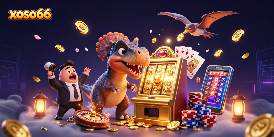 xoso66 jackpot: pachycephalosaurus hits slot machine as coins rain down in animated casino scene