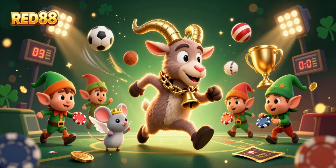 Bet on thrilling adventures with RED88's festive casino scene featuring a Krampus goat, angel mouse, and elf gremlins.