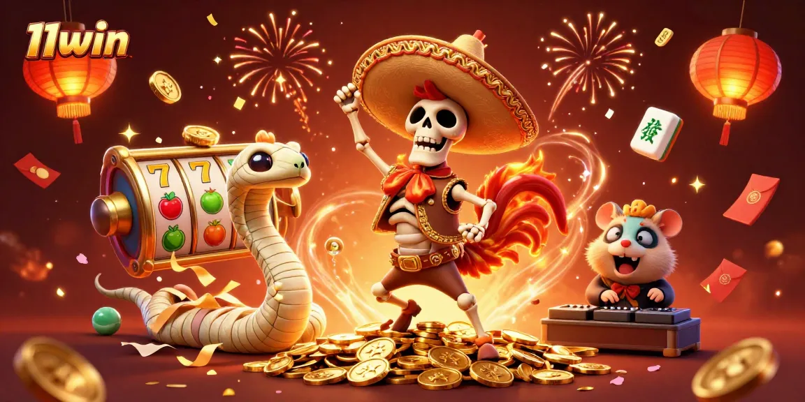 Win big with 11win featuring vibrant casino characters dancing in a festive celebration.