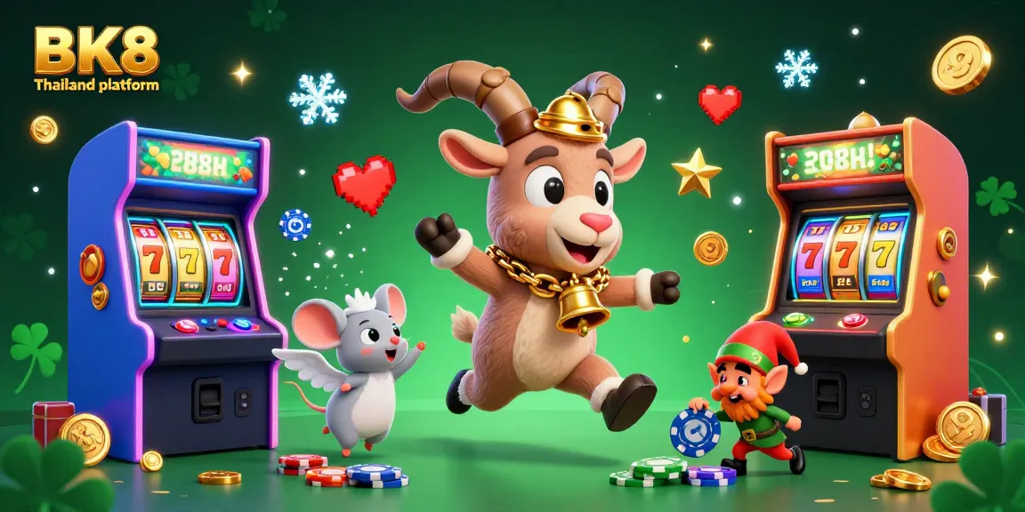 Experience the BK8 Thailand platform with its vibrant casino setting featuring a Krampus goat managing a festive game atmosphere.