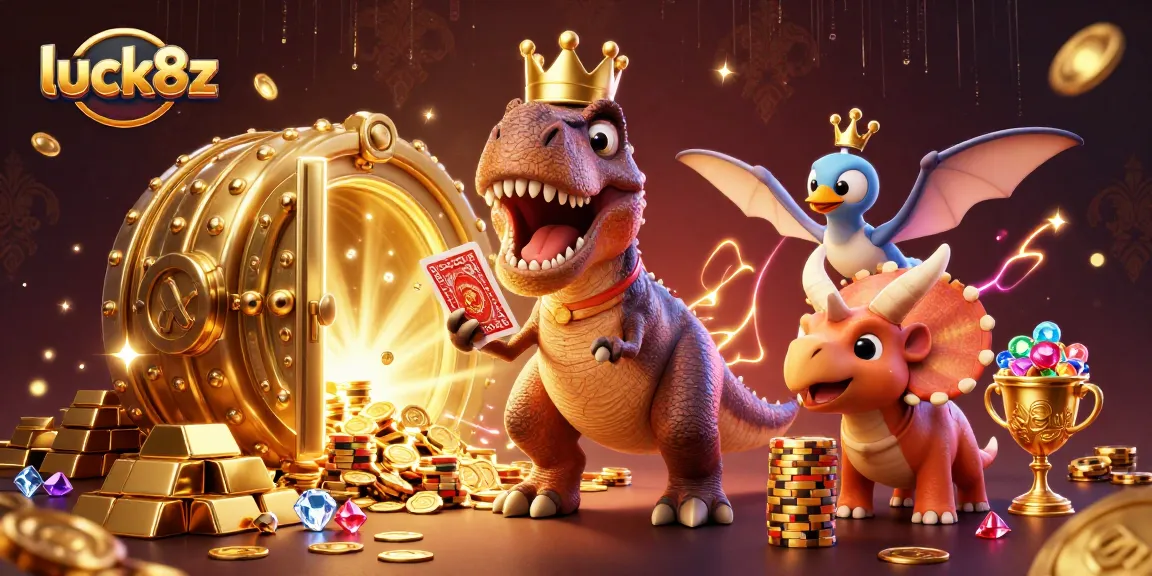 Exciting gambling adventure with luck8z: a friendly T-Rex shuffling cards while a triceratops stacks chips.
