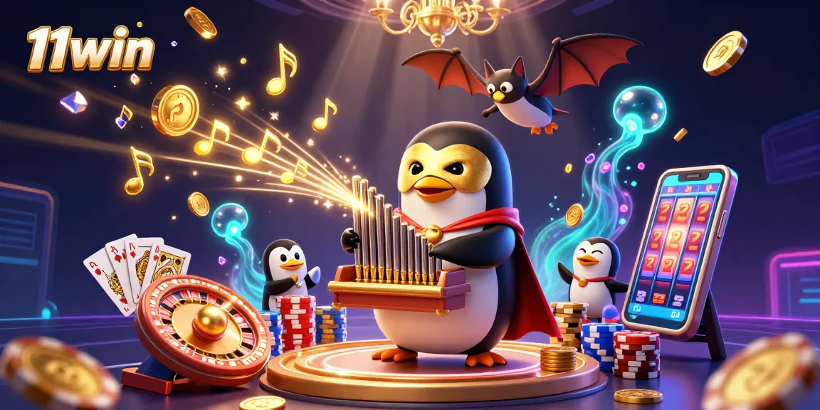 Experience the thrill of 11win as golden coins cascade from a unique organ in a dynamic casino scene.