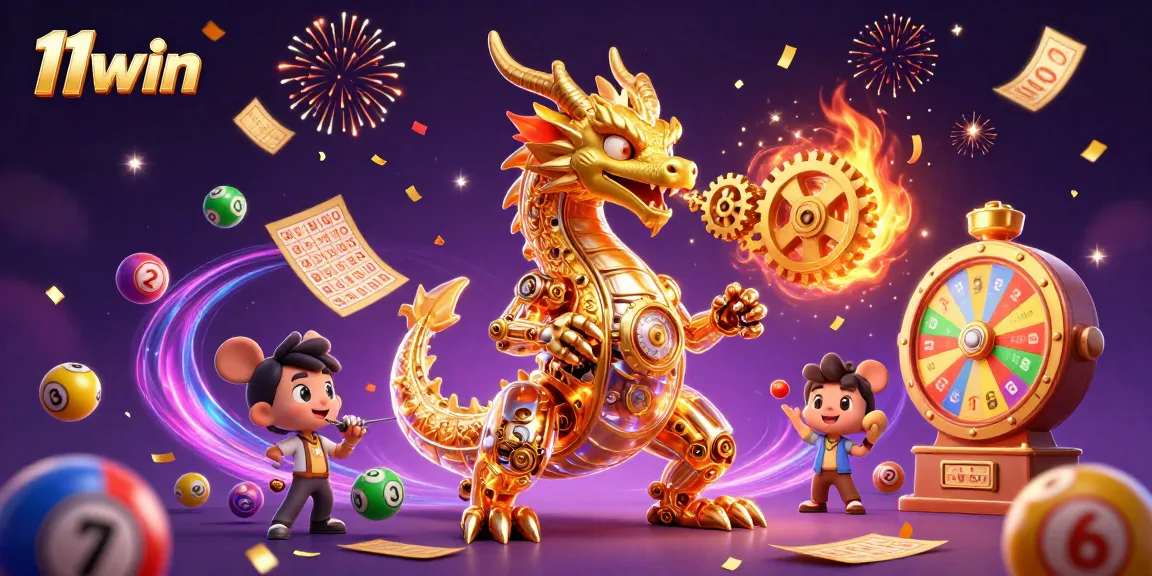 Experience the excitement of 11win with a golden dragon and colorful lottery elements in a vibrant casino scene.